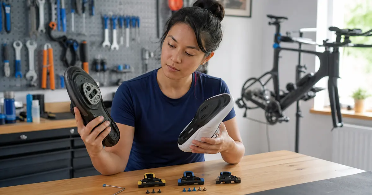 Beginner cyclist comparing the soles and mounting patterns of two cycling shoes in a workshop