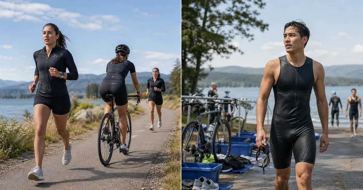 Duathlete running beside a bicycle while a triathlete carries swim goggles