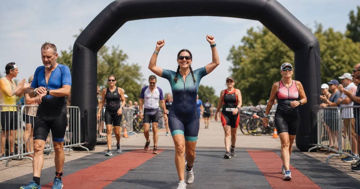 Age-group triathletes approaching a finish arch at different paces