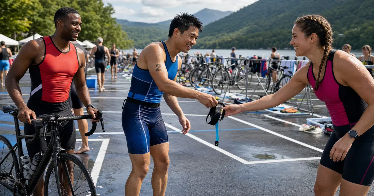 Three relay teammates exchanging a timing chip in a marked transition area