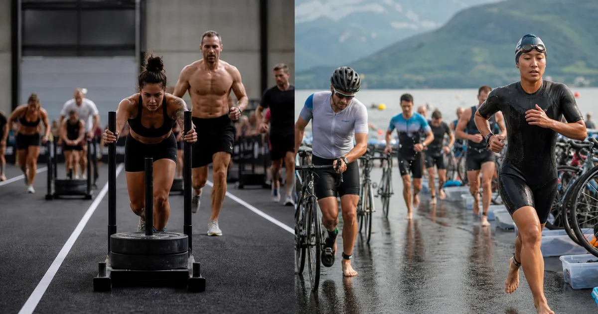 Athlete comparing an indoor functional fitness race lane with an outdoor triathlon course