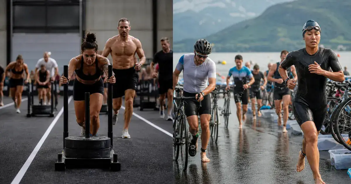 Athlete comparing an indoor functional fitness race lane with an outdoor triathlon course