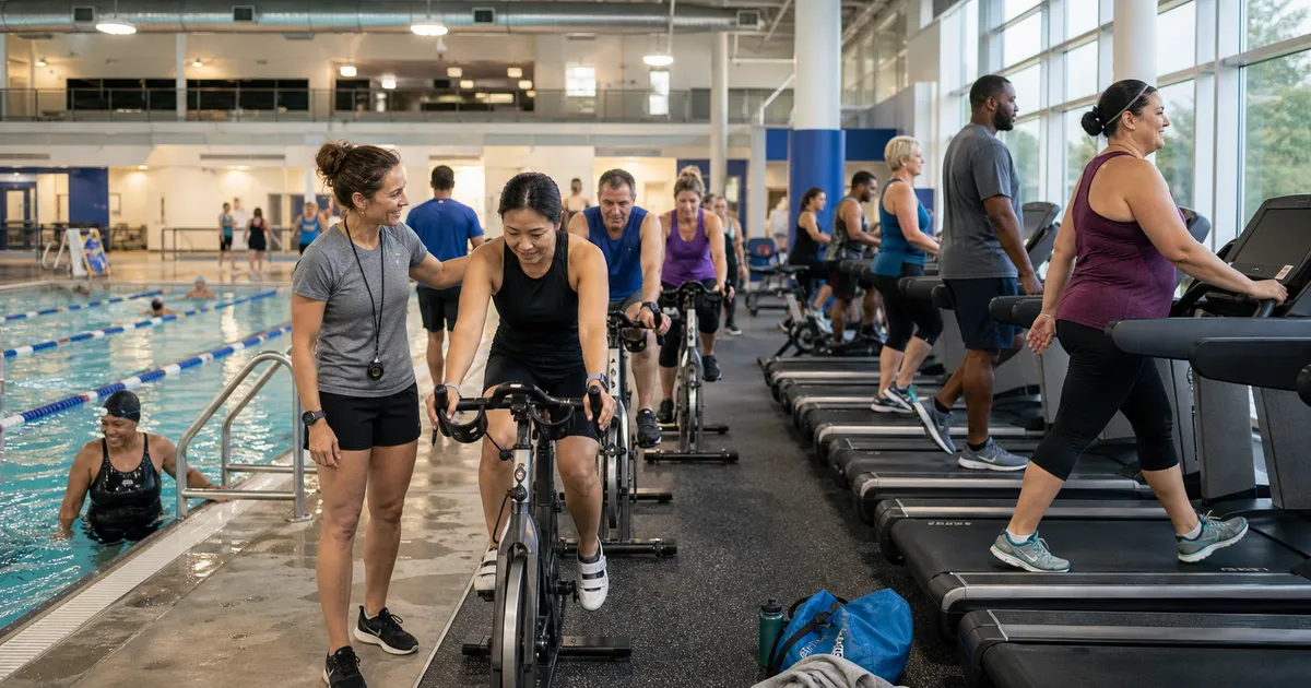 Indoor triathlon venue with pool lanes stationary bikes and treadmills