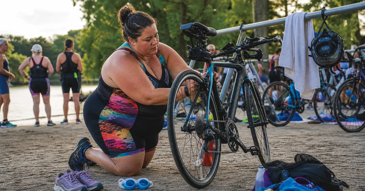Plus-size triathlete confidently setting up a bicycle and race kit in transition