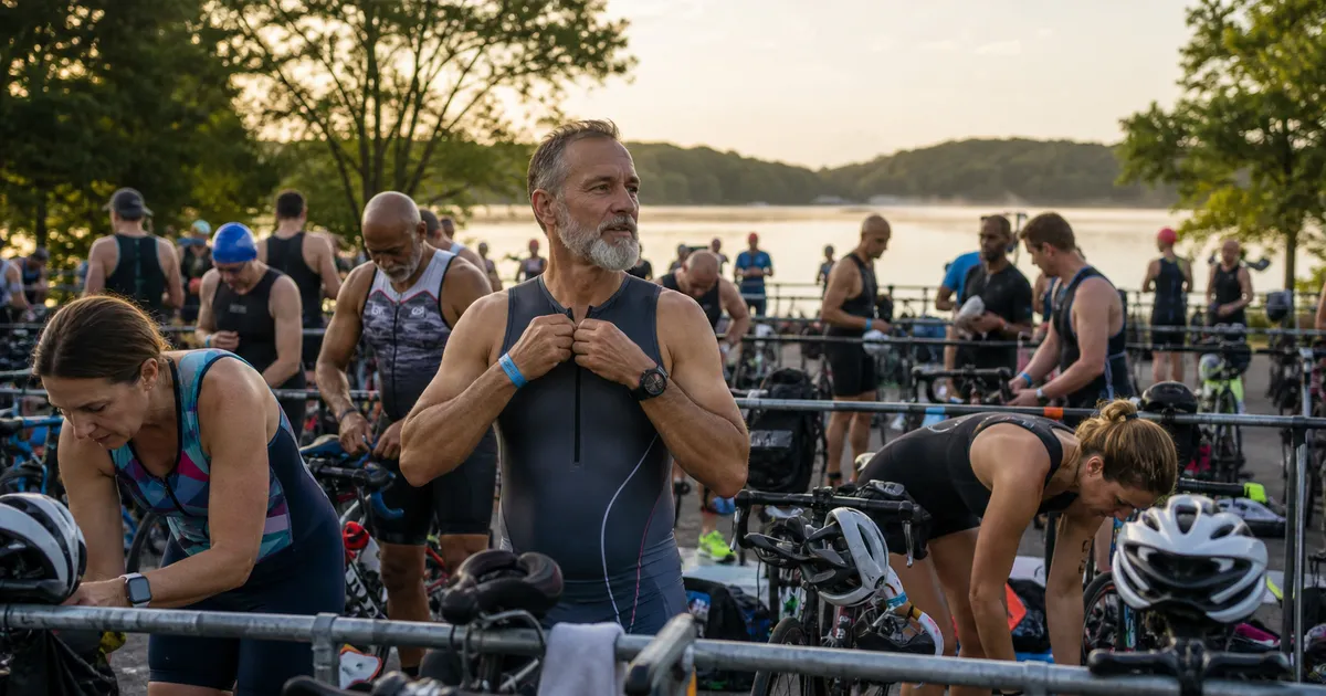 Triathletes of different adult age groups preparing beside numbered bike racks